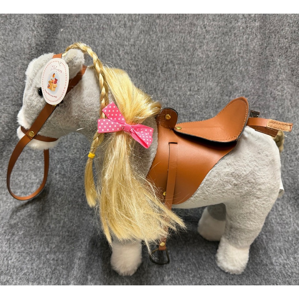 HollyHOME Plush Horse Gray Stuffed Animal with Saddle Bridle and Braided Mane